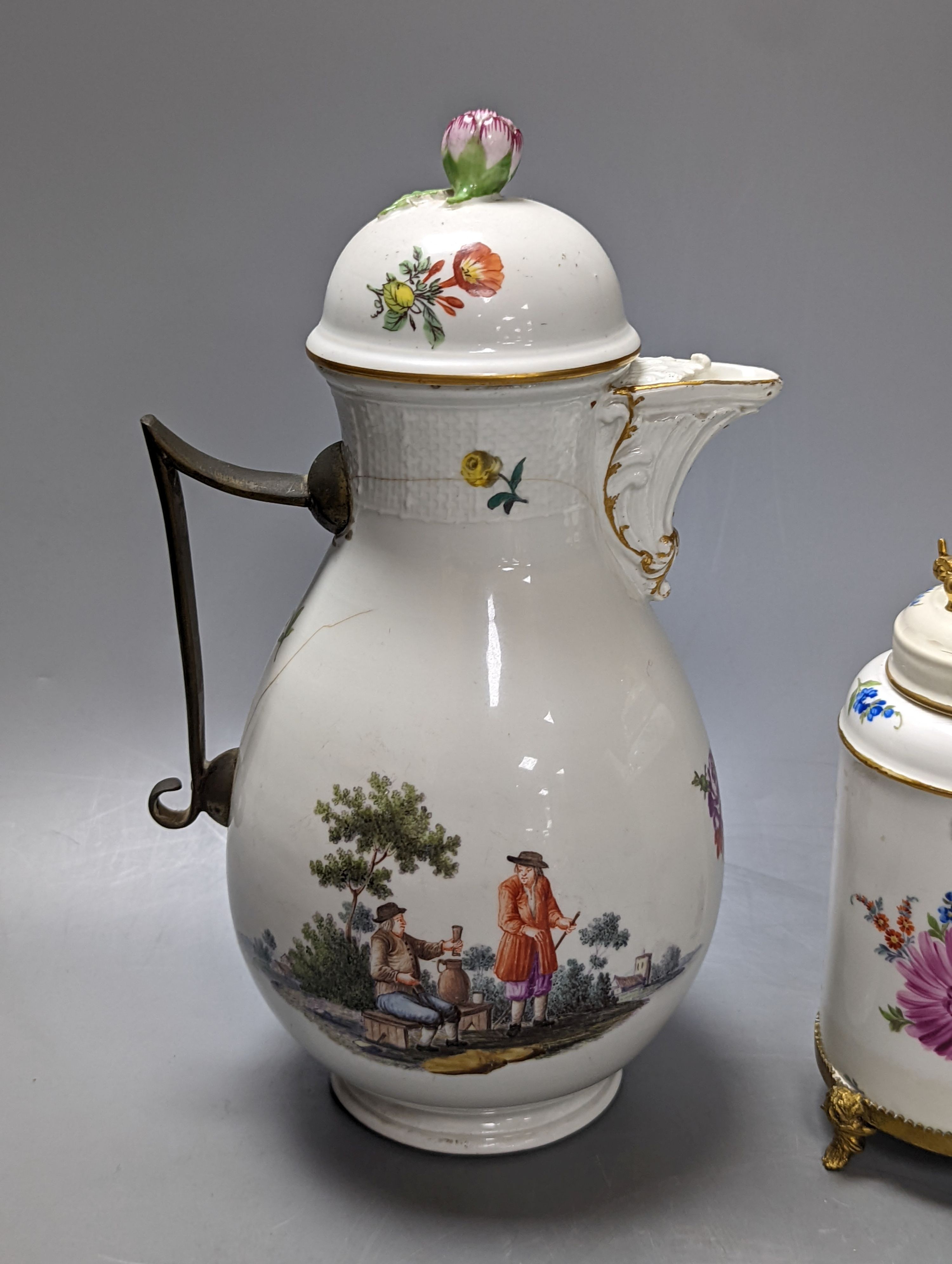 An 18th century Meissen hotwater pot and a Marcolini period coffee or chocolate pot (a.f) tallest 25cm (2)